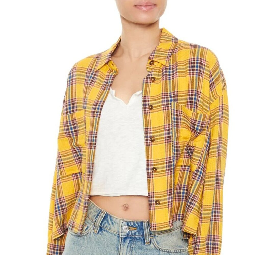 Forever 21 Women’s Cropped Flannel Shirt Yellow Size Small